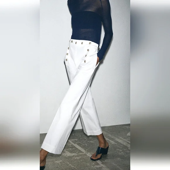 ZARA ZW COLLECTION OYSTER/WHITE BUTTONED PANTS  🤍🤍🤍 - Picture 3 of 3